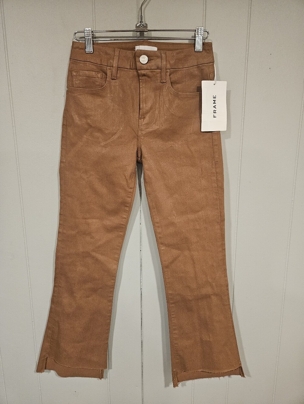 Frame Le Crop Mini Boot Stagger Raw Hem Latte Tan Coated Denim Jeans Size 24 NWT